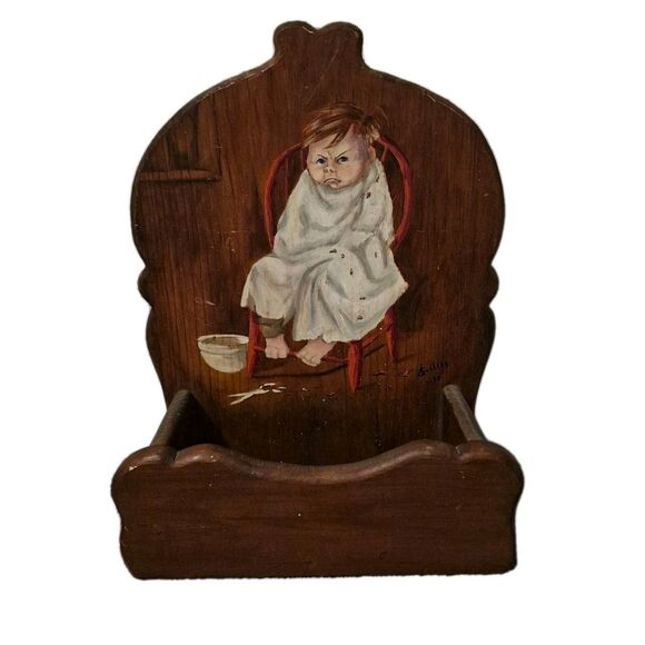 unknown Other - VTG Wooden Folk Art Wall Mounted Hanging Upset Boy Getting Haircut 70's